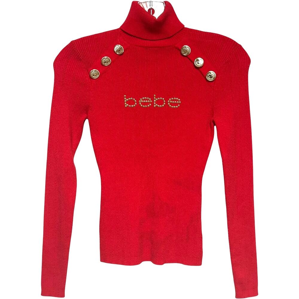 bebe Signature Gold Logo Turtleneck Sweater Studded Red Gold Small